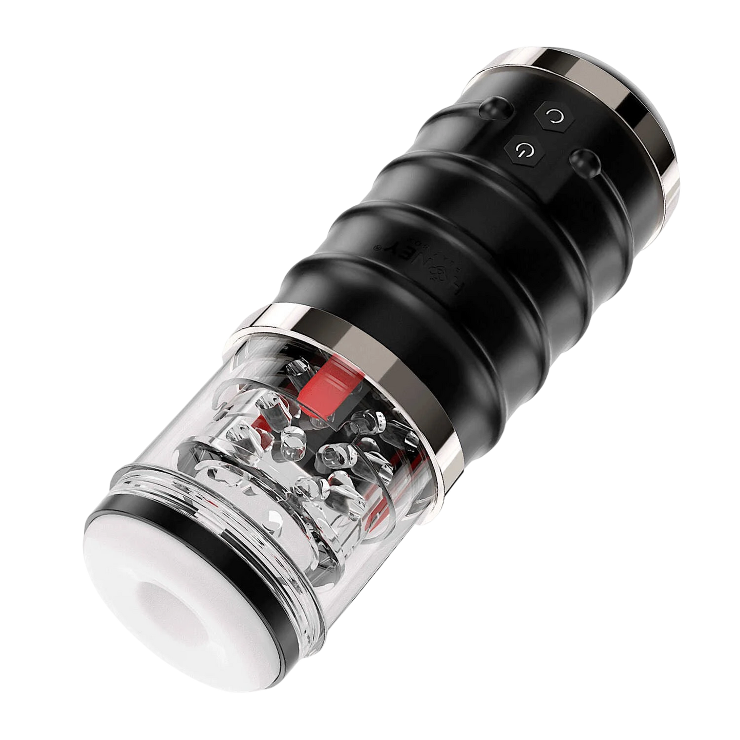 Vue rapprochée du masturbateur thrusting Warrior avec manchon transparent et détails en métal cuivré - Oh My God'Z
