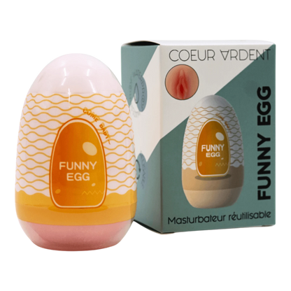 Masturbateur Funny Egg rose pale et orange avec boite Coeur Ardent, gaine réutilisable TPE design vagin - Oh My God'Z