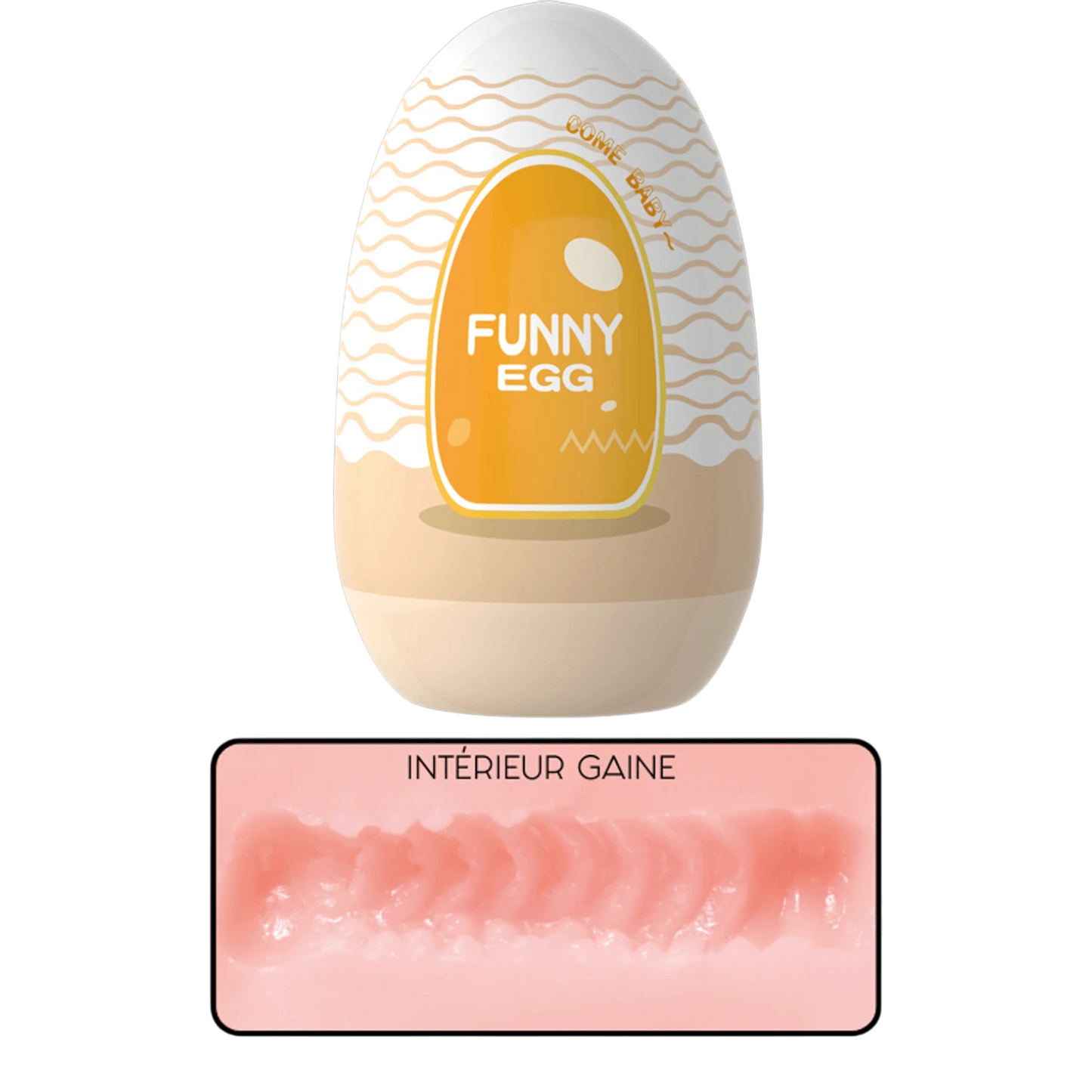 Masturbateur Funny Egg beige orange, texture ondulée, gaine TPE extensible intérieur réaliste vagin - Oh My God'Z