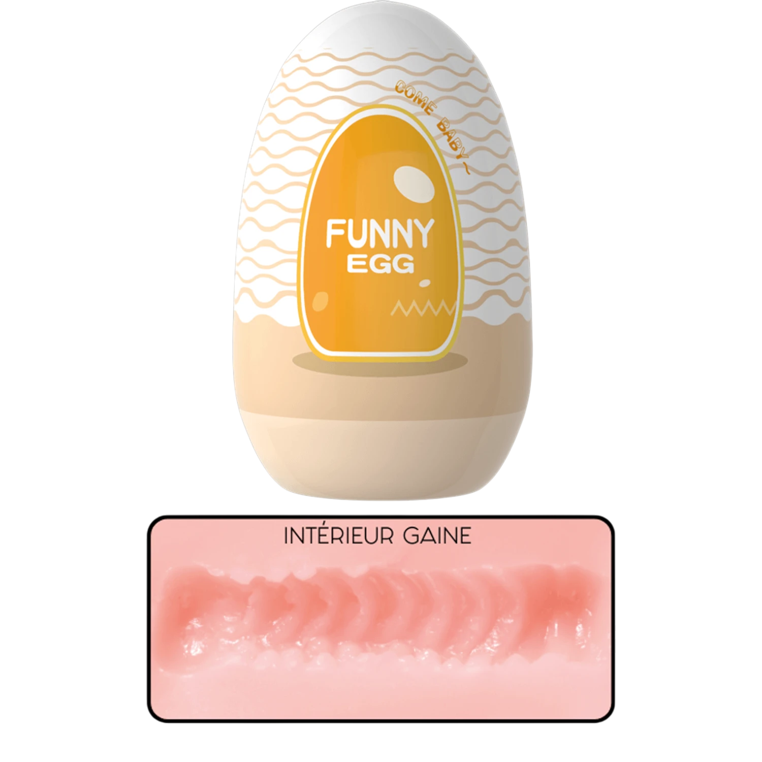 Masturbateur Funny Egg beige orange, texture ondulée, gaine TPE extensible intérieur réaliste vagin - Oh My God'Z