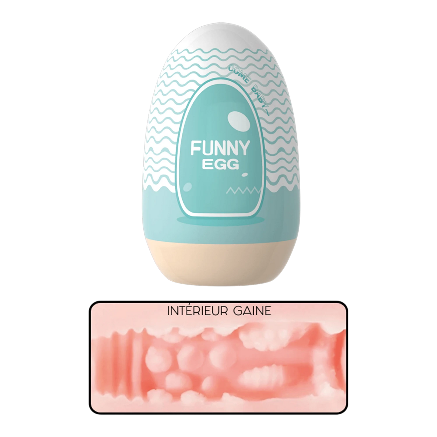 Gaine masturbatrice Funny Egg turquoise motifs vagues avec zoom intérieur gaine texture réaliste rose - Oh My God'Z