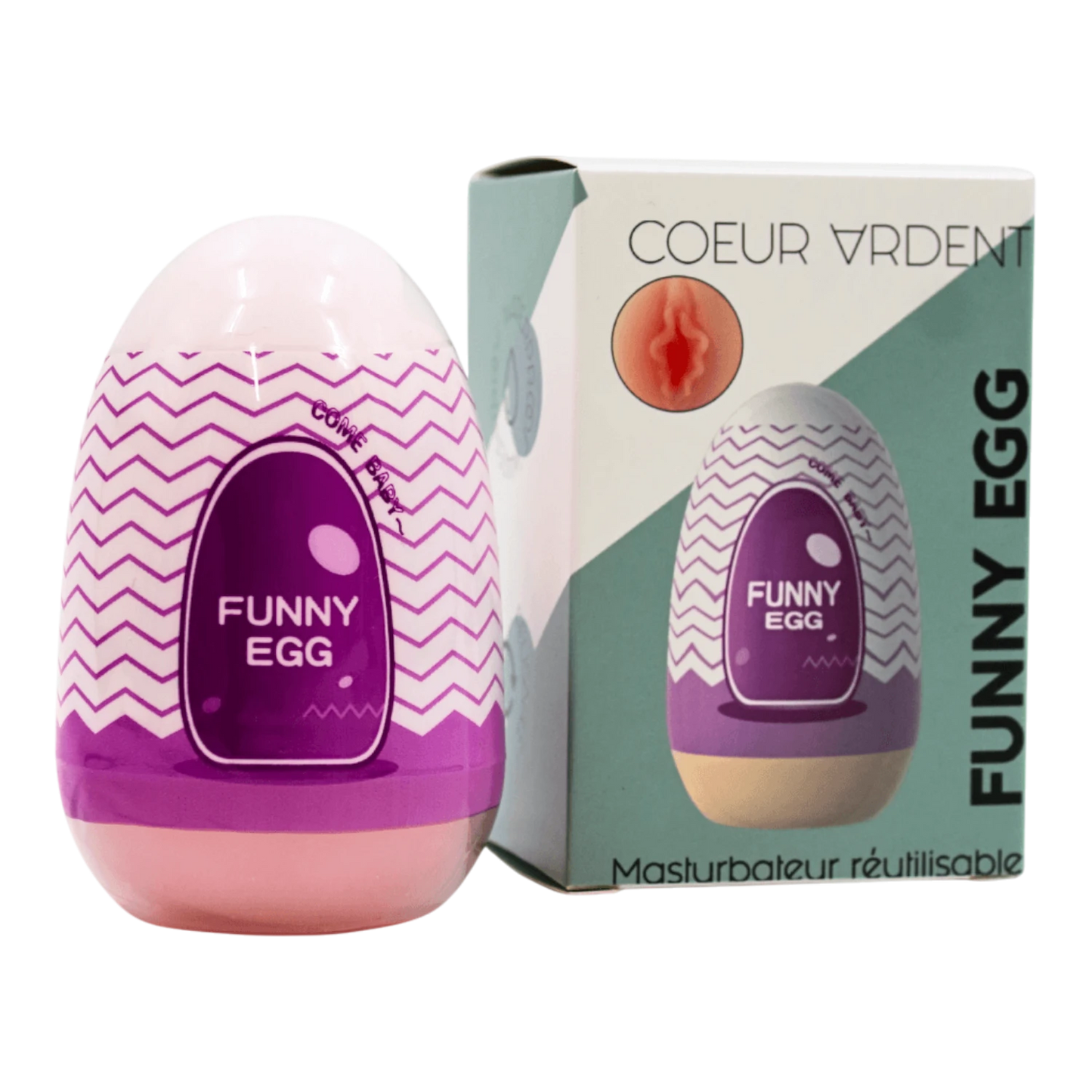 Masturbateur Funny Egg violet avec boîte Coeur Ardent et gaine TPE beige extensible - Oh My God'Z