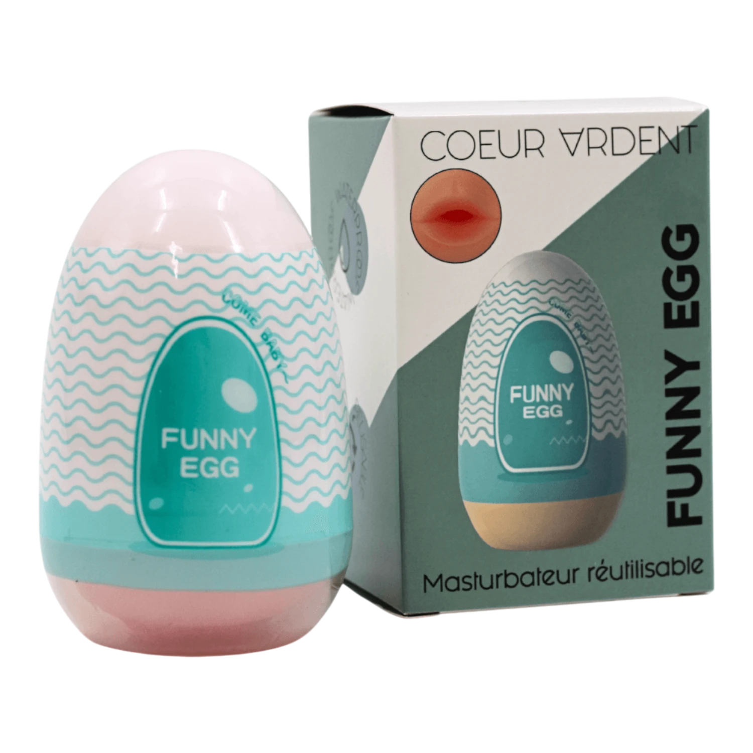 Masturbateur Funny Egg turquoise et rose avec packaging Coeur Ardent sur fond blanc - Oh My God'Z