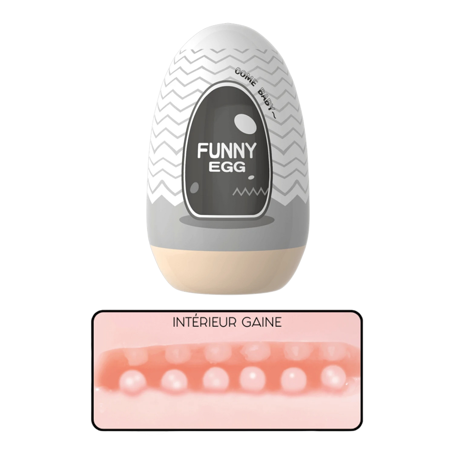 Masturbateur Funny Egg gris et beige, vue rapprochée texture gaine interne réaliste en TPE - Oh My God'Z