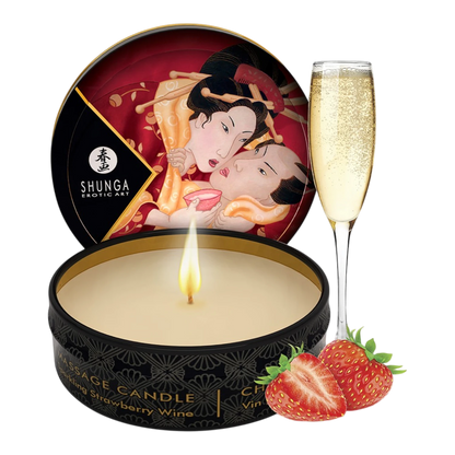 Mini bougie de massage Shunga fraise vin pétillant 30ml, packaging noir et rouge avec couvercle décoré - Oh My God'Z