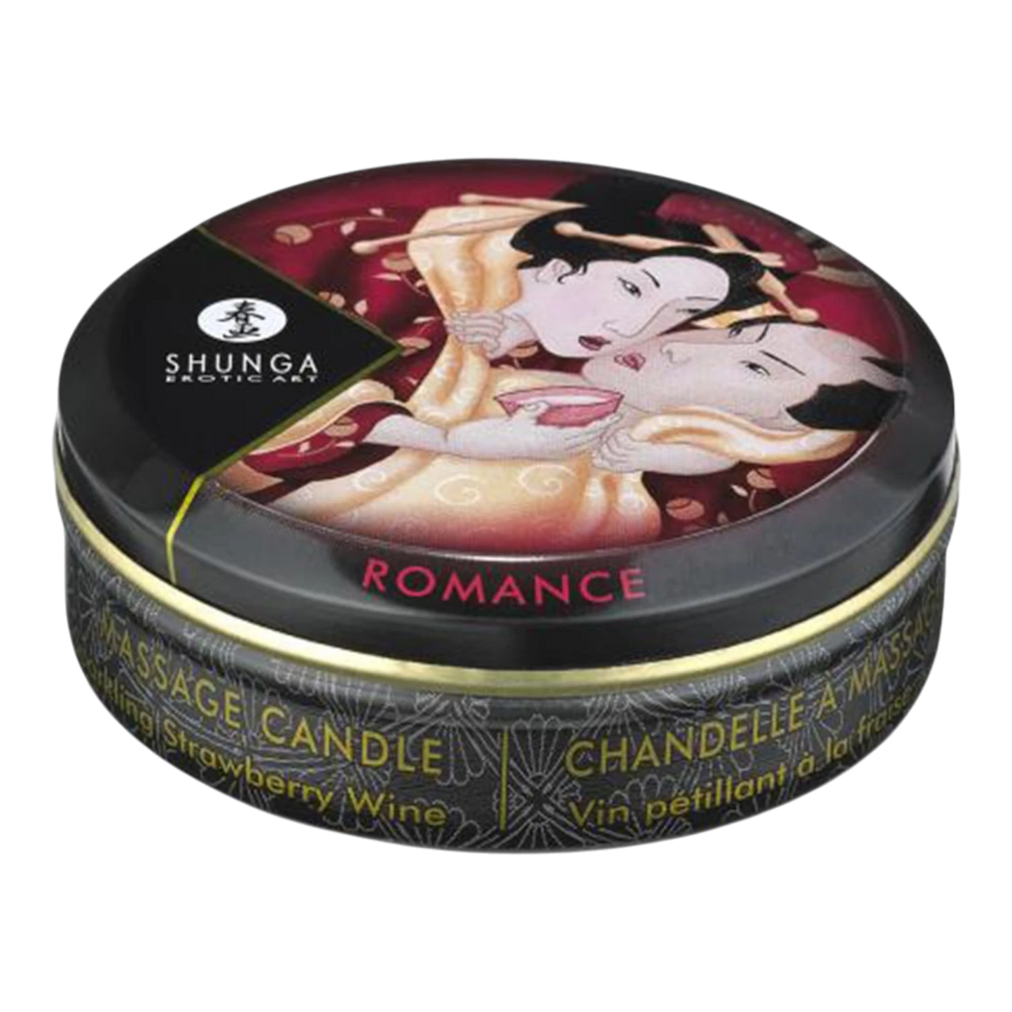 Bougie de massage Shunga Romance fraise vin pétillant, boîtier noir décoré motif japonais doré et rouge - Oh My God'Z