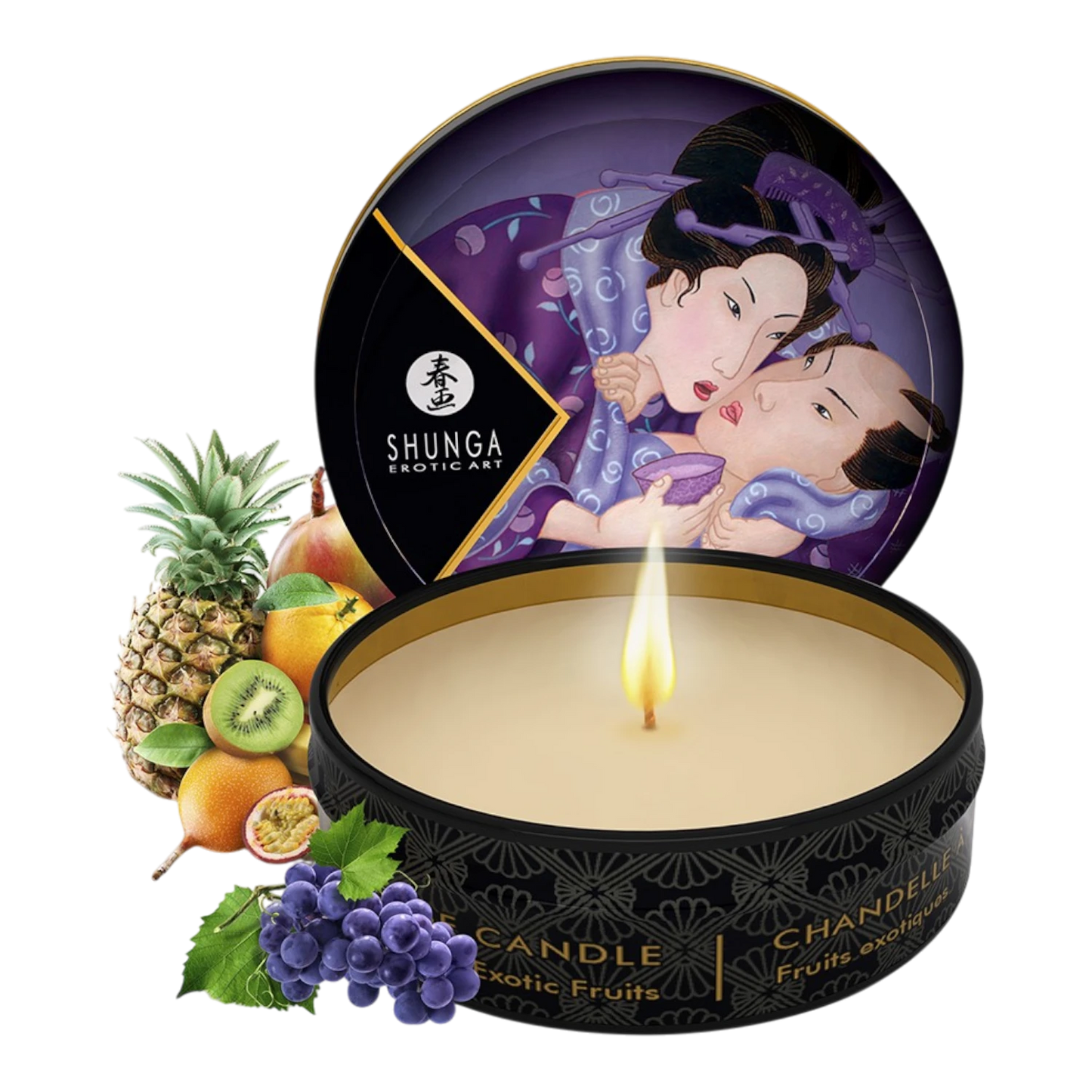 Mini bougie de massage Shunga fruits exotiques 30ml avec couvercle illustré et cire beige naturelle - Oh My God'Z