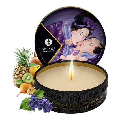 Mini bougie de massage Shunga fruits exotiques 30ml avec couvercle illustré et cire beige naturelle - Oh My God'Z