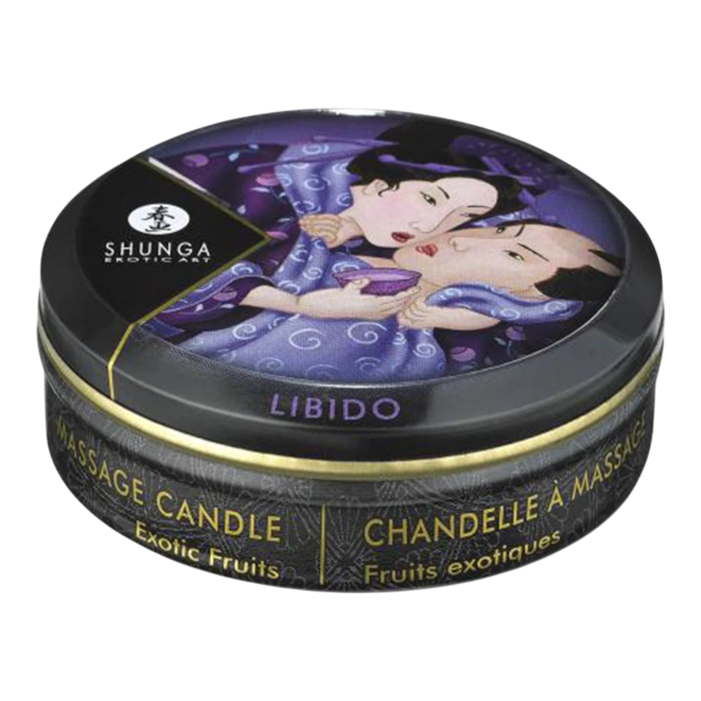 Mini bougie massage Shunga Libido fruits exotiques 30ml format compact avec illustration érotique violette - Oh My God'Z