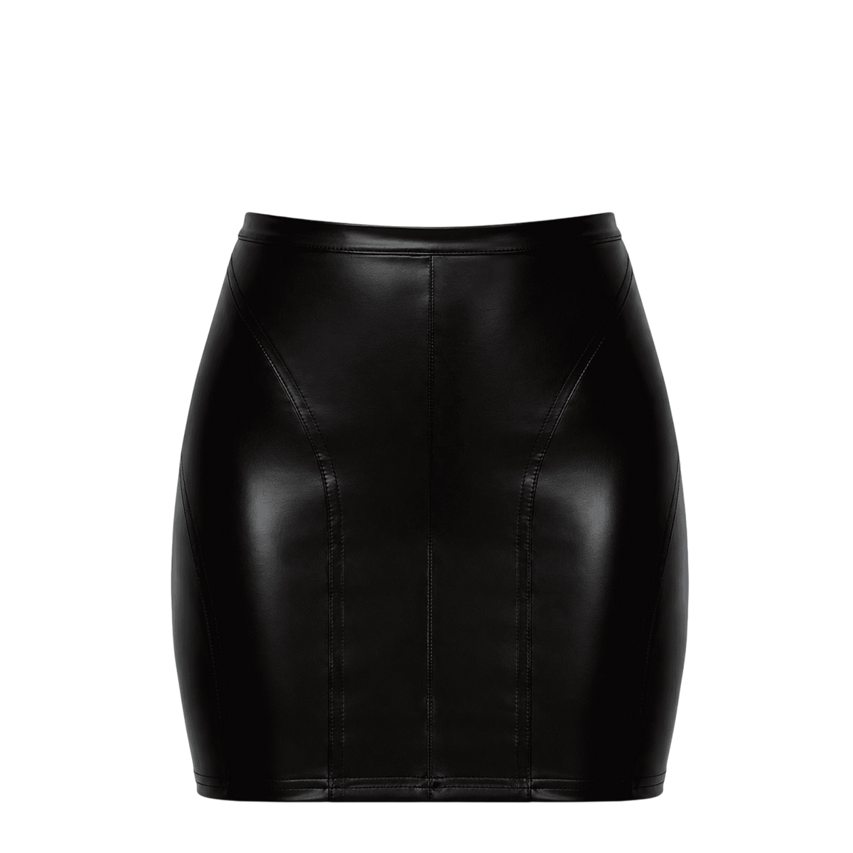 Mini-jupe noire en Powerwetlook presentee a plat de face, coupe courte moulante et coutures structurantes - Oh My God'Z