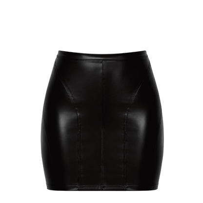 Mini-jupe noire en Powerwetlook presentee a plat de face, coupe courte moulante et coutures structurantes - Oh My God'Z