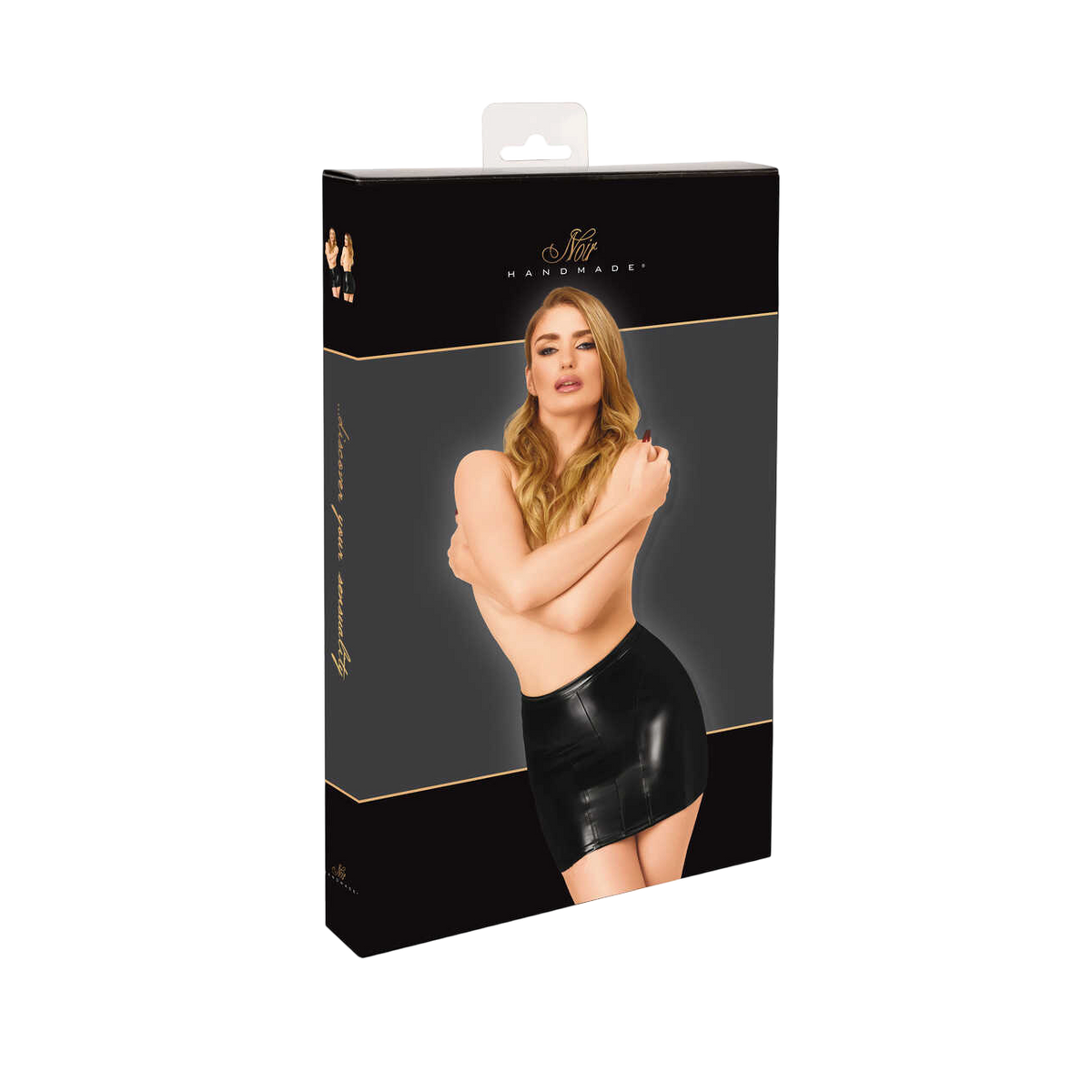 Packaging noir et dore Noir Handmade de la mini-jupe Dark Affair en wetlook noir brillant - Oh My God'Z