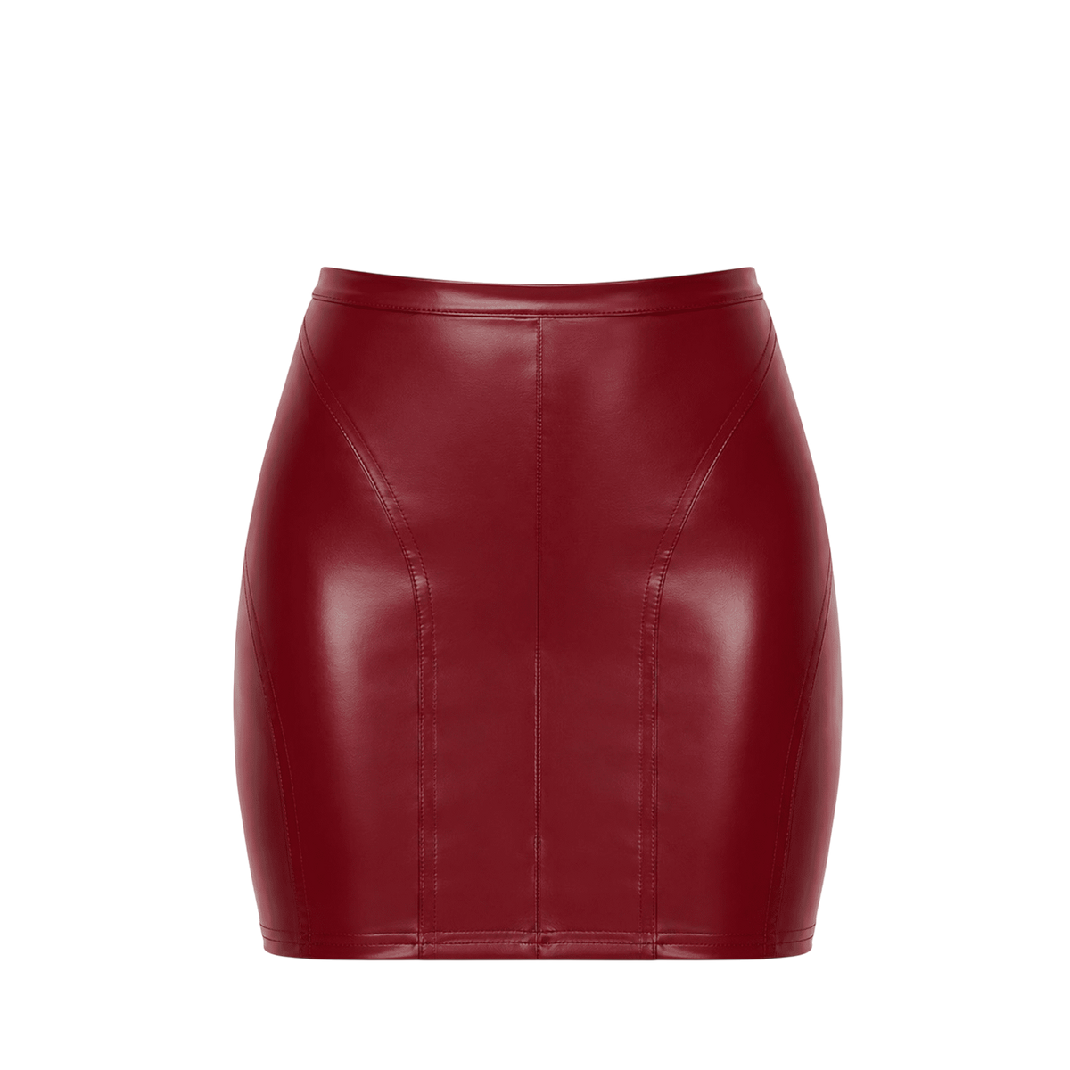 Mini jupe Noir Handmade bordeaux en Powerwetlook presentee a plat, face avant et coutures verticales - Oh My God'Z