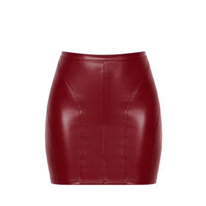 Mini jupe Noir Handmade bordeaux en Powerwetlook presentee a plat, face avant et coutures verticales - Oh My God'Z