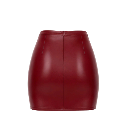 Dos de la mini jupe bordeaux en wetlook a plat, zip invisible central et finition ceinture - Oh My God'Z