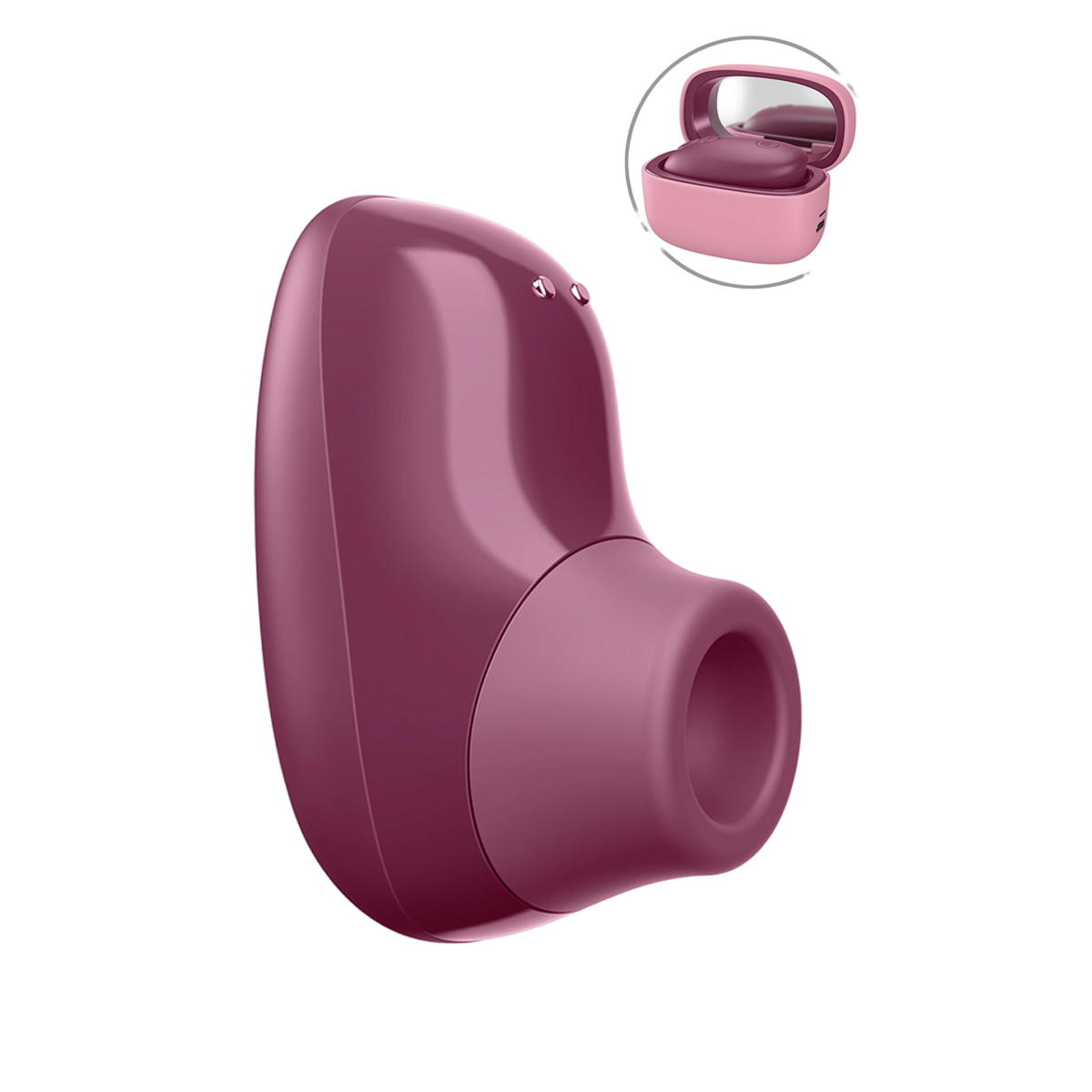 Mini-stimulateur clitoridien Snap Womanizer prune en silicone, vue de profil avec etui de recharge rose - Oh My God'Z
