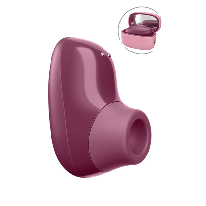 Mini-stimulateur clitoridien Snap Womanizer prune en silicone, vue de profil avec etui de recharge rose - Oh My God'Z