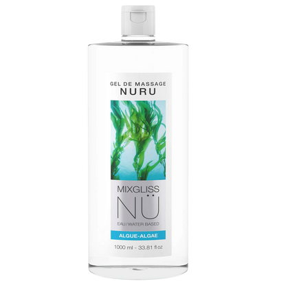 Flacon transparent Mixgliss NU gel de massage Nuru algue 1000 ml, etiquette blanche et bleue - Oh My God'Z