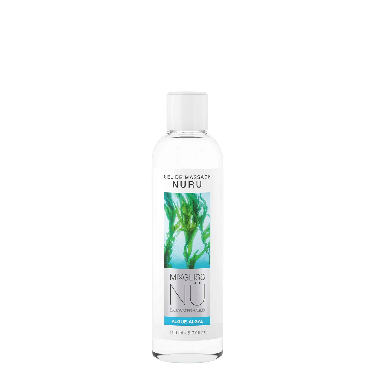 Flacon transparent Mixgliss NU gel de massage Nuru algue 150 ml, bouchon blanc et etiquette bleu vert - Oh My God'Z