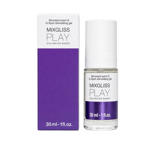 Gel stimulant point G Mixgliss Play 30 ml, flacon pompe en verre transparent et boite violette - Oh My God'Z