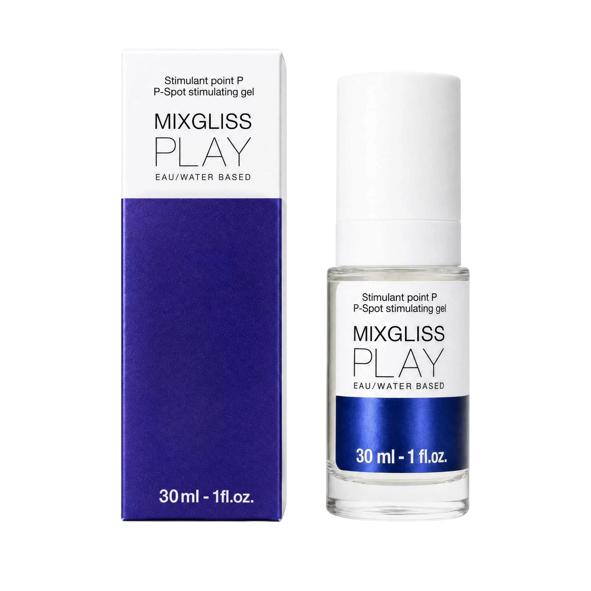 Gel stimulant point P Mixgliss Play 30 ml, flacon pompe verre transparent et etui blanc et bleu - Oh My God'Z