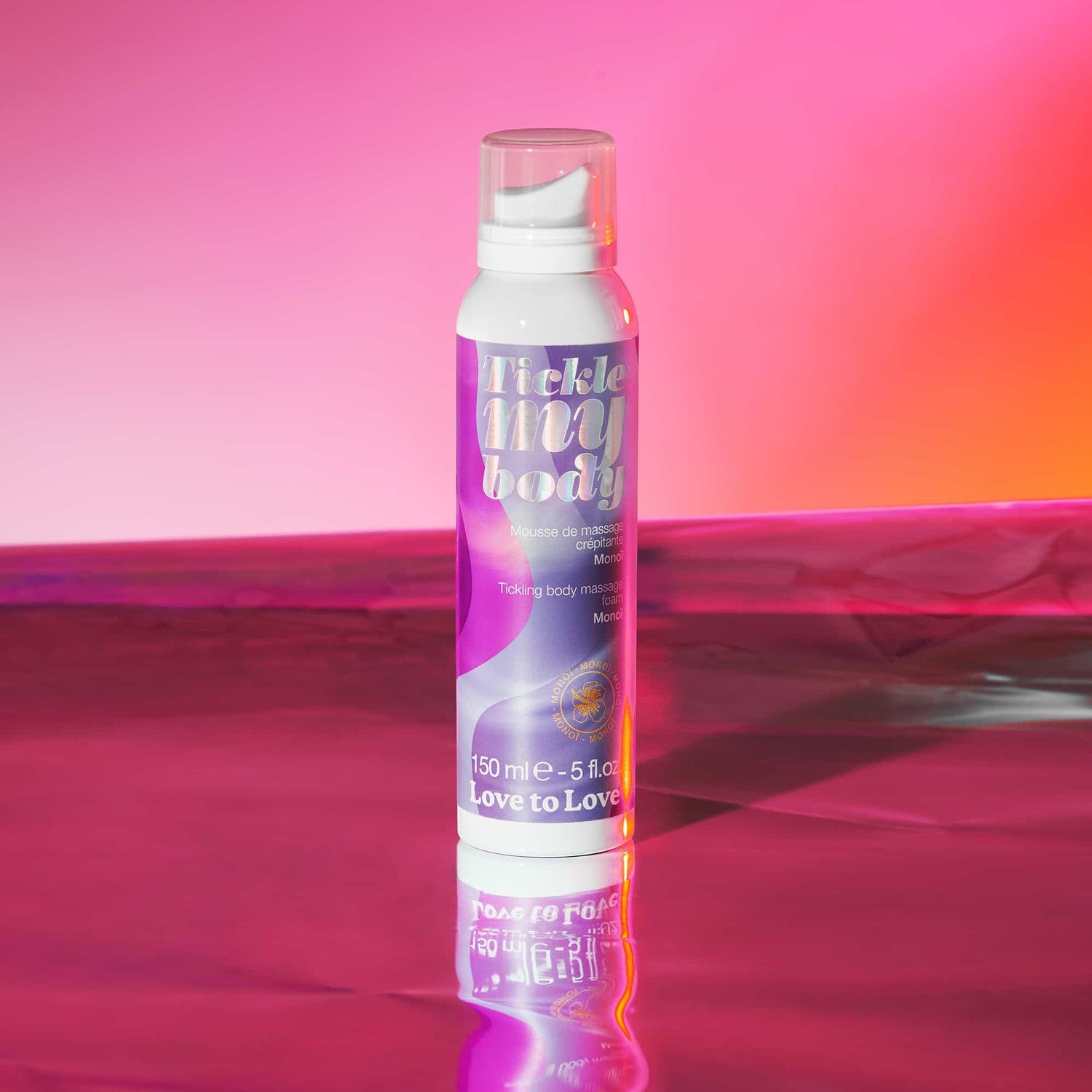 Flacon de mousse de massage crépitante Tickle My Body Monoï 150ml, packaging violet et rose - Oh My God'Z