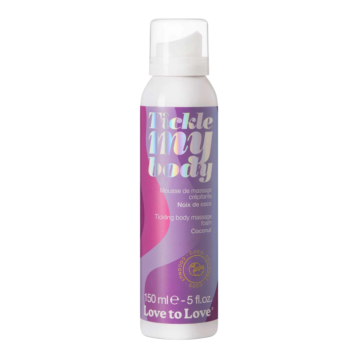 Mousse de massage crépitante Tickle My Body noix de coco, flacon blanc 150ml, packaging rose violet - Oh My God'Z