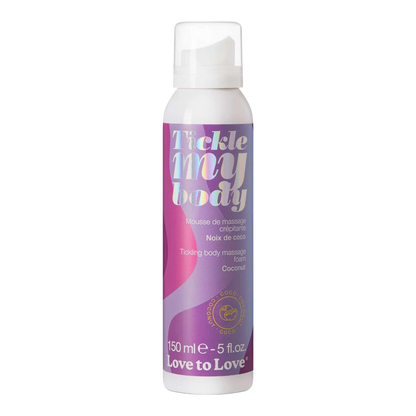 Mousse de massage crépitante Tickle My Body noix de coco, flacon blanc 150ml, packaging rose violet - Oh My God'Z