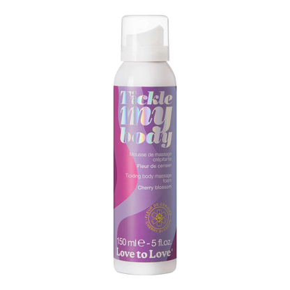 Mousse de massage Tickle My Body fleur de cerisier 150ml, flacon blanc avec étiquette rose et violet - Oh My God'Z