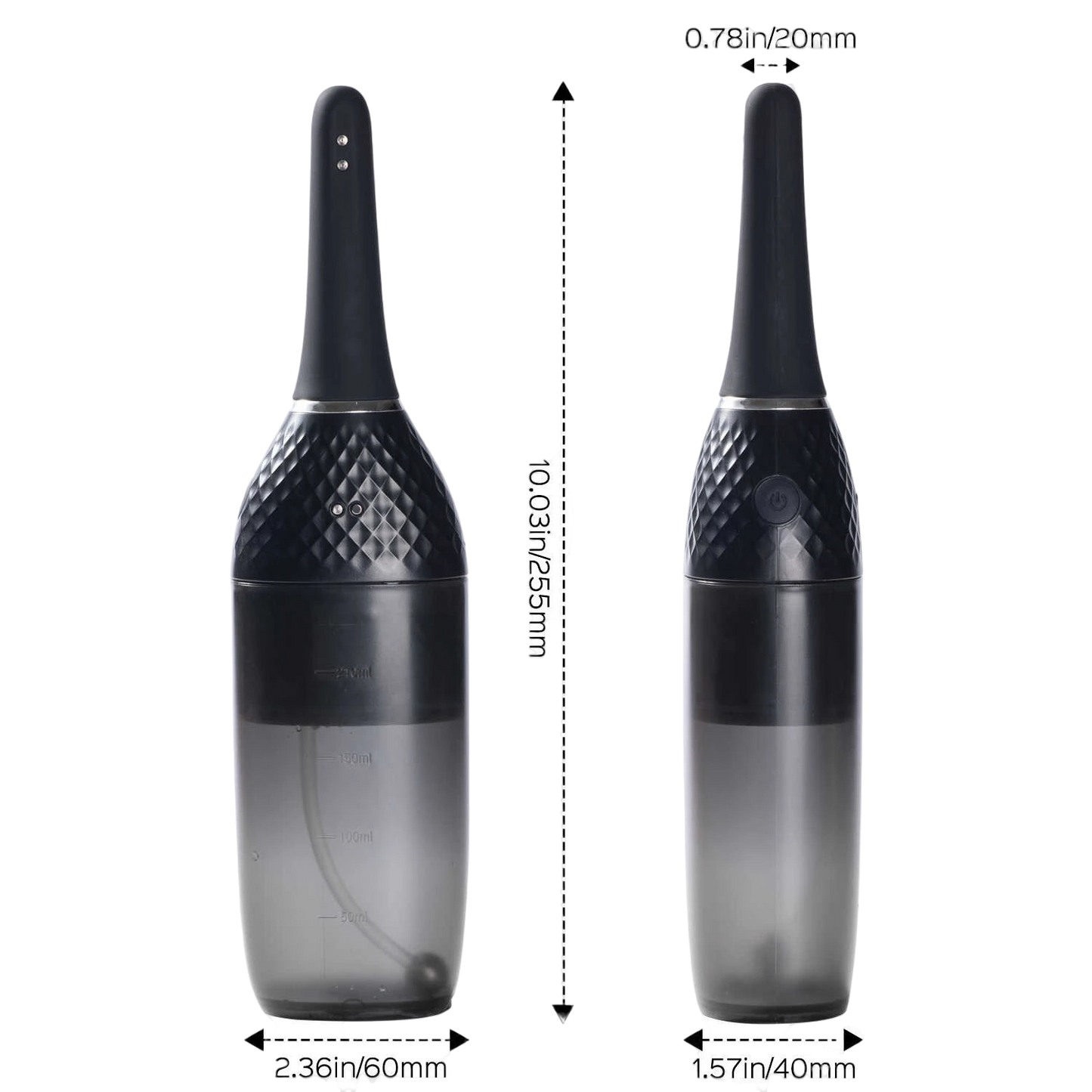 Dimensions du lavement Auto Bulb noir : hauteur 26cm, largeur embout 2cm, corps 6cm et base 4cm - Oh My God'Z