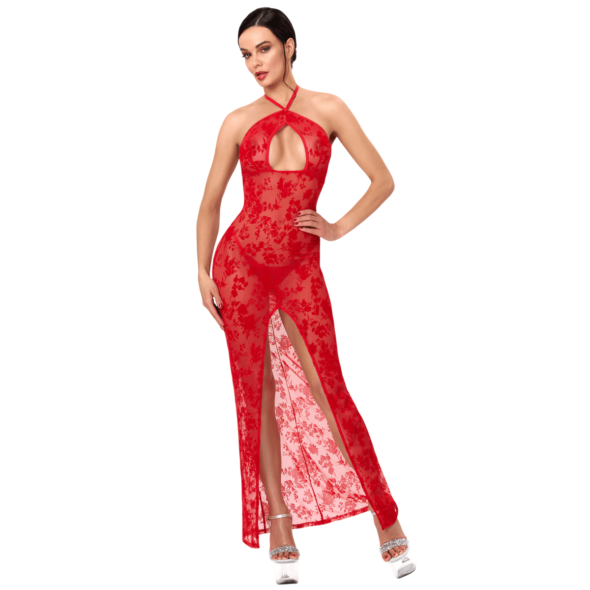 Robe longue rouge en tulle floque transparent, decollete ajoure et fente haute, portee de face - Oh My God'Z