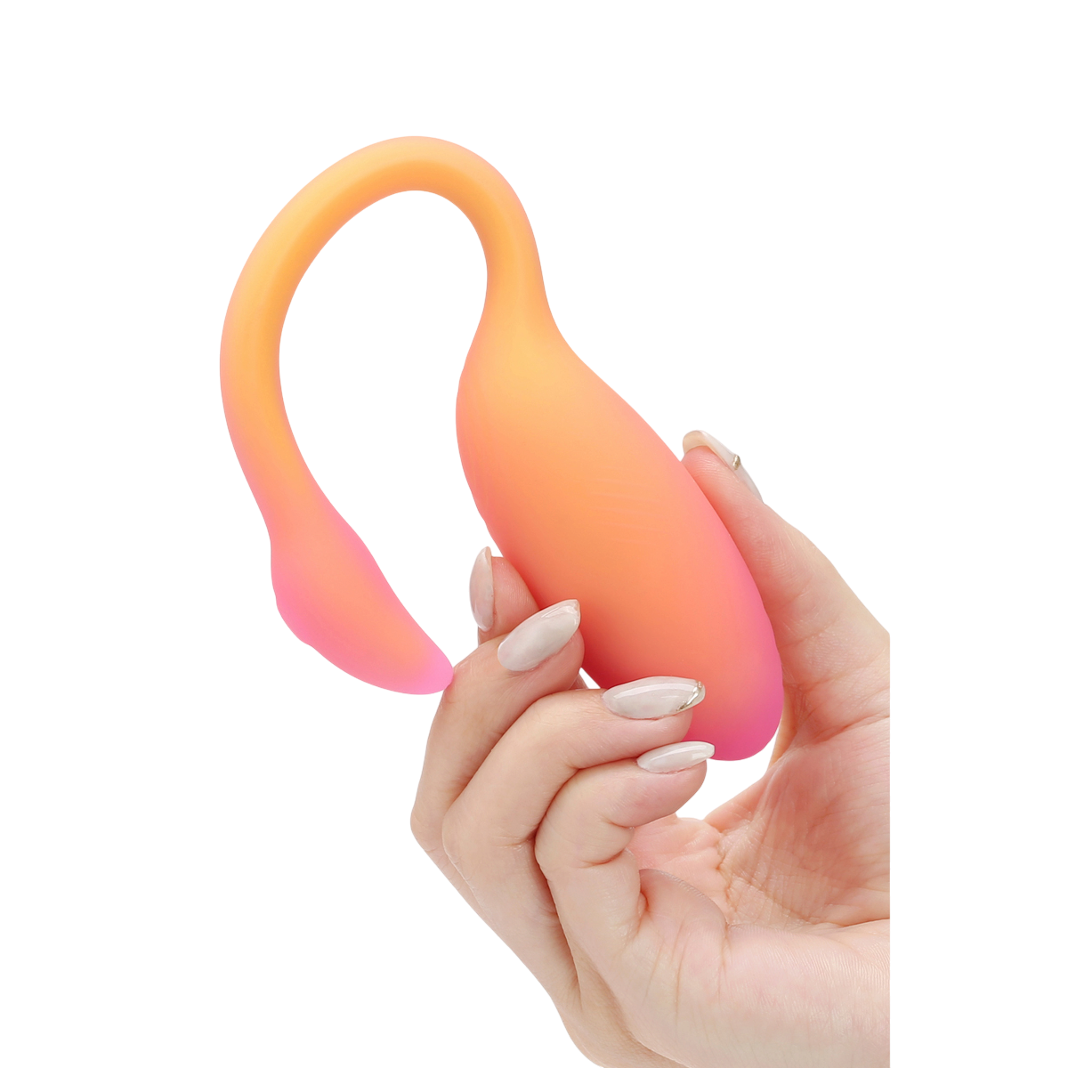 Main tenant l'oeuf vibrant Flamingo Max orange et rose en silicone doux, echelle de taille - Oh My God'Z