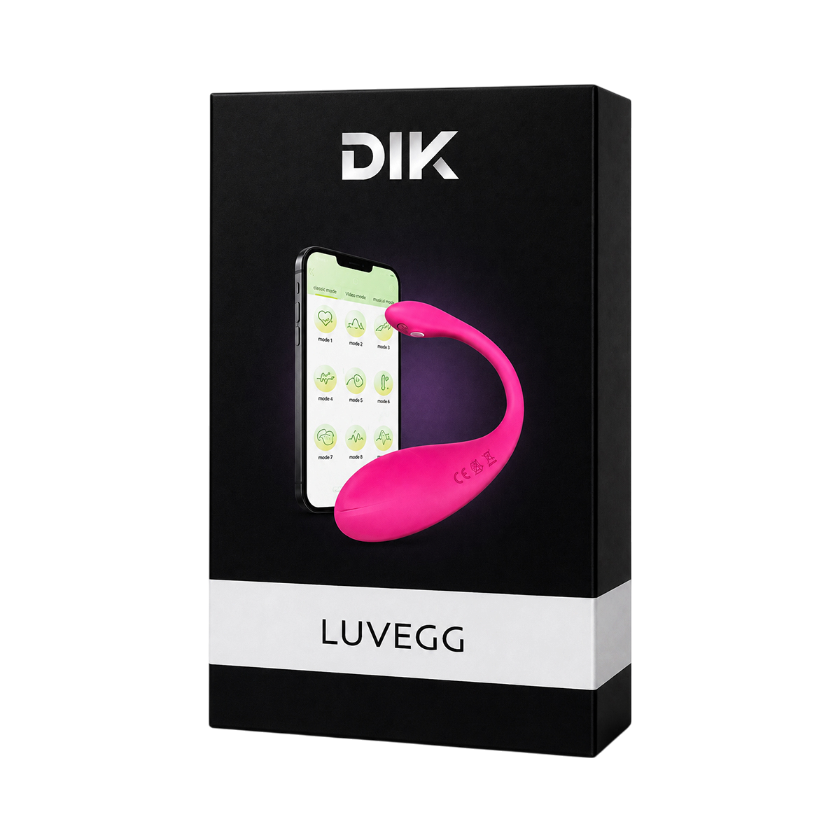 Boite noire et blanche du oeuf vibrant connecte Luvegg de la marque DIK avec visuel du stimulateur magenta - Oh My God'Z