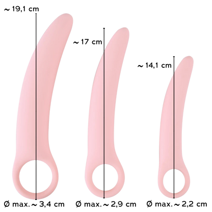 Kit de 3 dilatateurs vaginaux Oh My God'Z en silicone rose avec anneau de préhension et dimensions indiquées