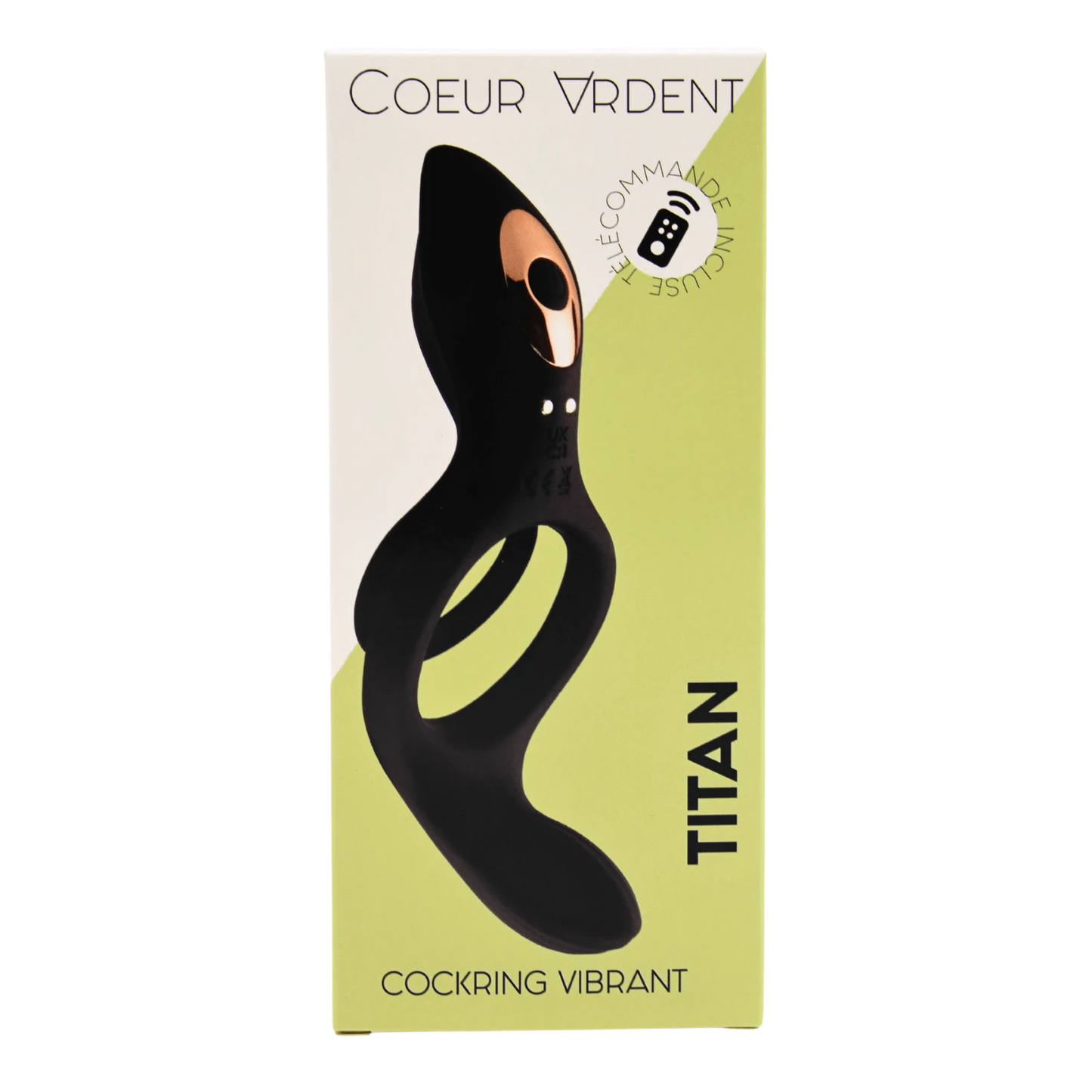Boite Titan cockring vibrant telecommande, packaging vert Coeur Ardent vue de face - Oh My God'Z