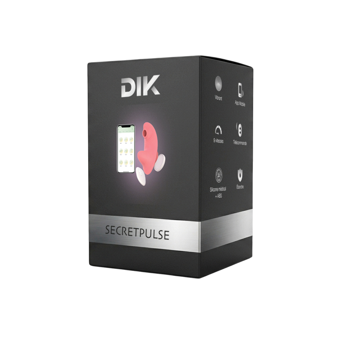 Packaging noir Secret Pulse DIK de face avec visuel de la culotte vibrante rose et smartphone connecte - Oh My God'Z