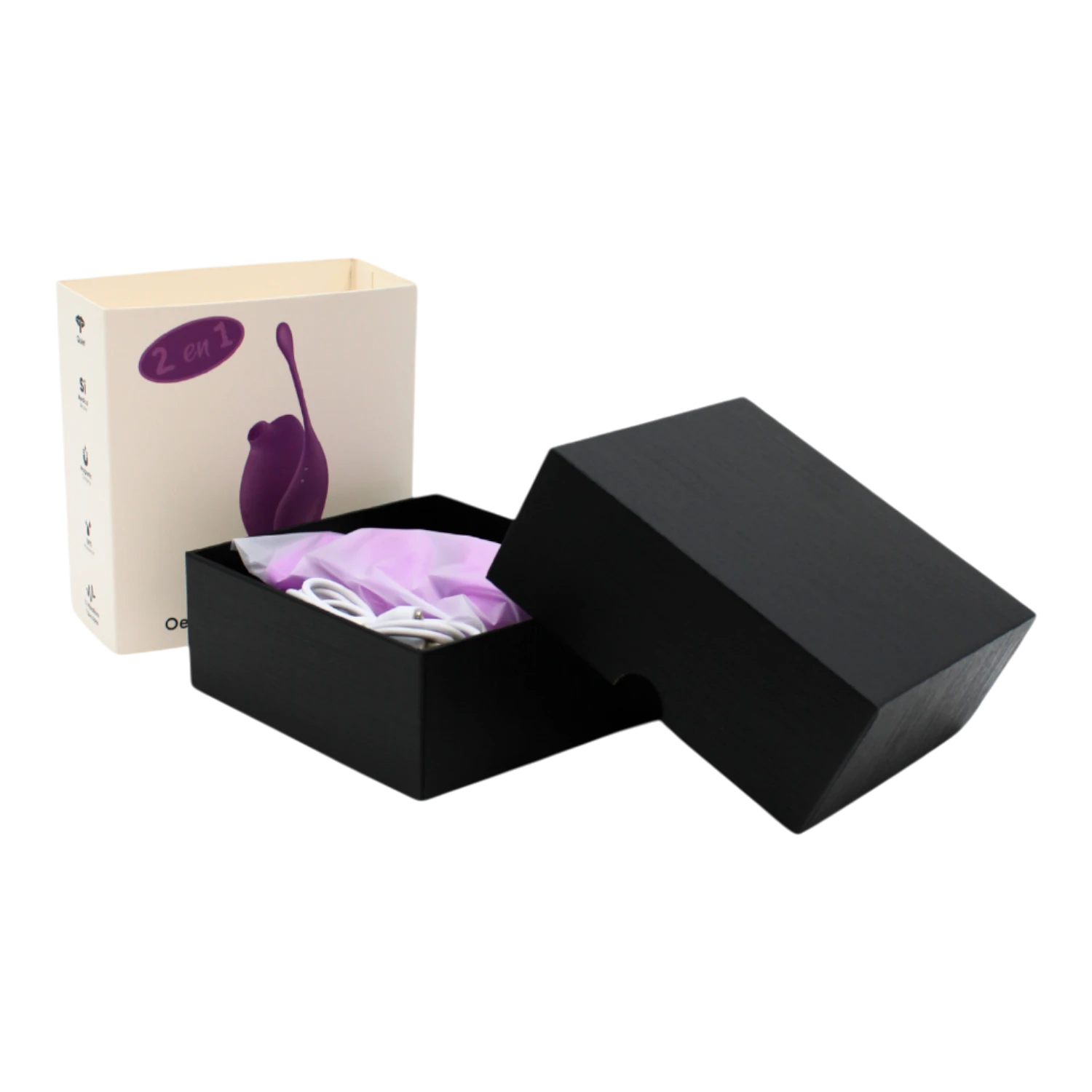 Packaging ouvert presentant le stimulateur violet et oeuf vibrant dans leur ecrin noir - Oh My God'Z