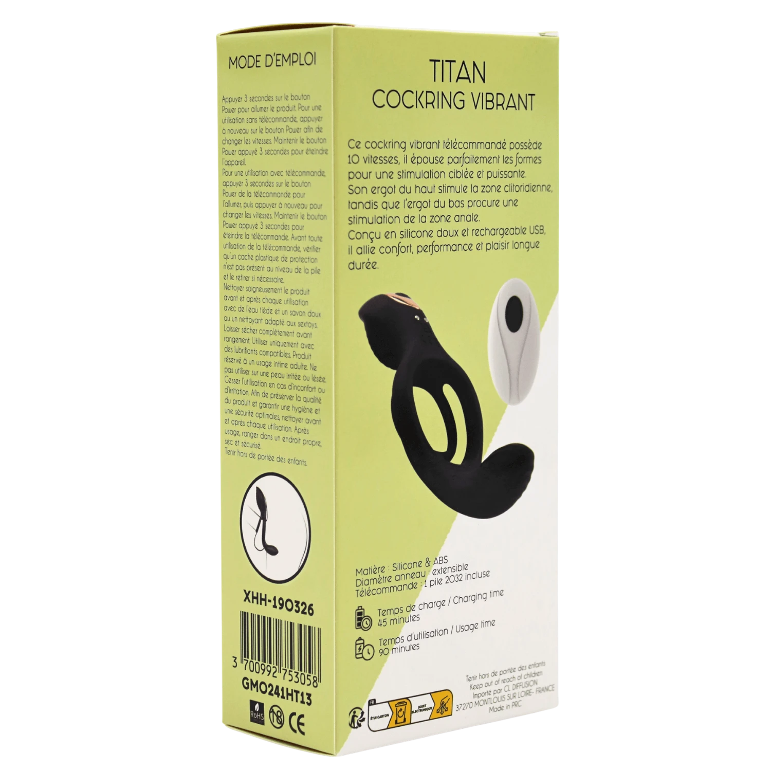 Packaging Titan cockring vibrant, informations techniques recharge USB et modes vibration - Oh My God'Z