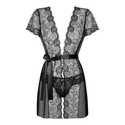 Peignoir Alluria noir détail, dentelle florale bordures, tissu transparent, ceinture satinée vue de face - Oh My God'Z