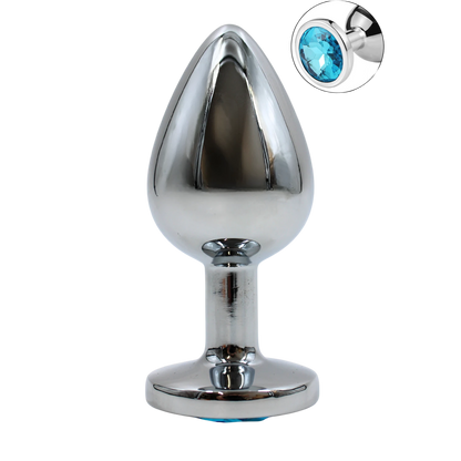 Plug anal bijou bleu en aluminium taille L, forme goutte avec cristal facette bleu aqua sur la base - Oh My God'Z