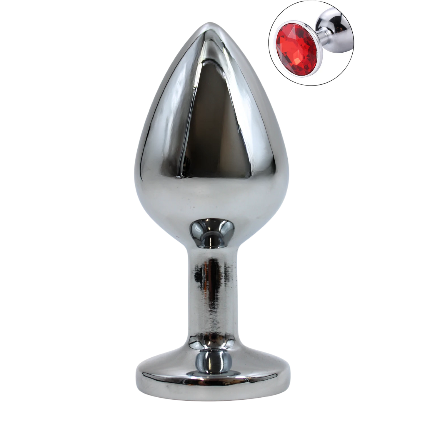 Plug anal bijou en aluminium chrome taille M avec cristal rouge facette sur base evasee - Oh My God'Z