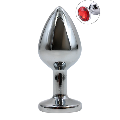 Plug anal bijou en aluminium chrome taille M avec cristal rouge facette sur base evasee - Oh My God'Z
