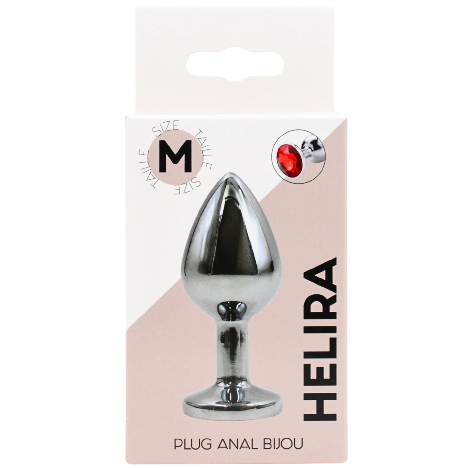 Packaging du plug bijou Helira taille M avec cristal rouge, boite blanche et rose avec visuel produit - Oh My God'Z