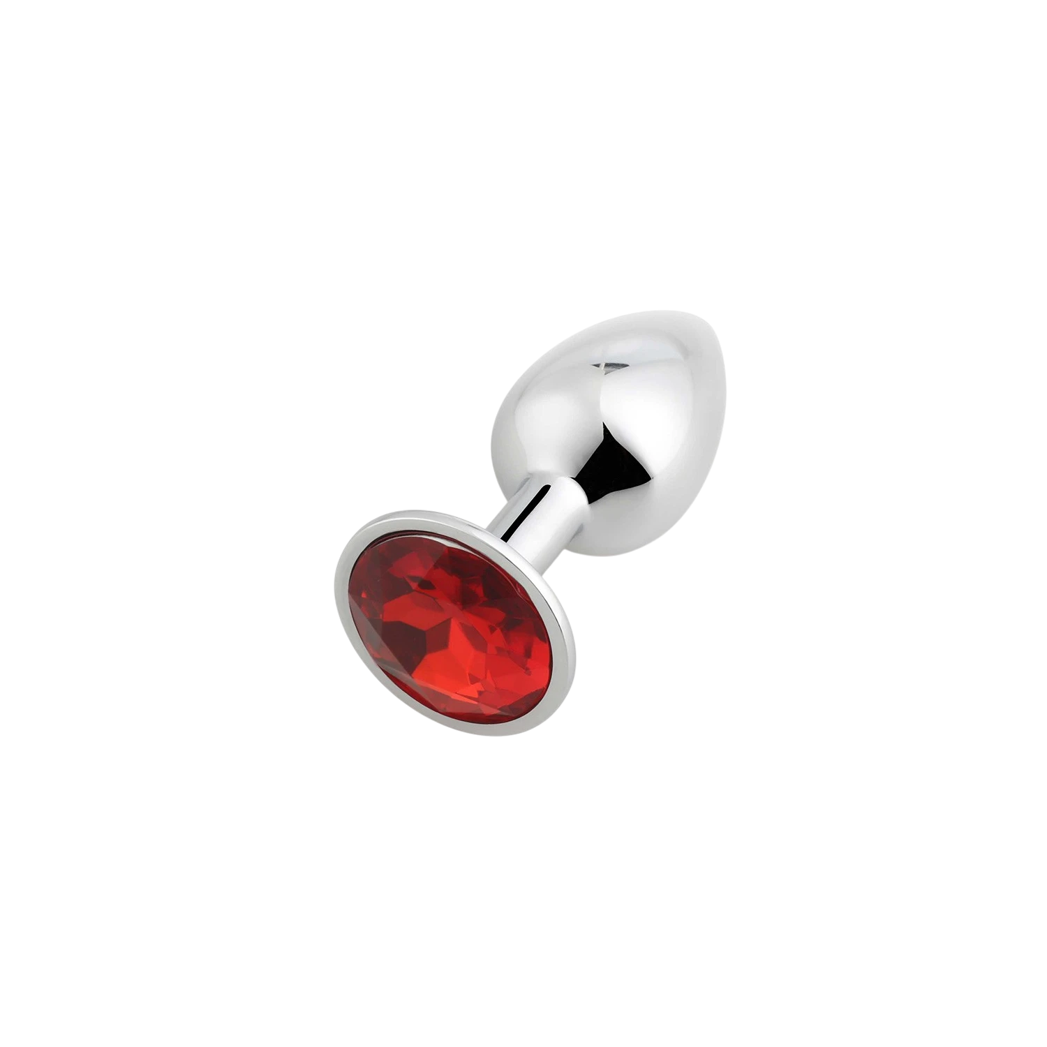 Plug anal bijou aluminium chrome avec base ornee d'un cristal rouge facette vue detail inclinee - Oh My God'Z