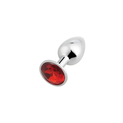 Plug anal bijou aluminium chrome avec base ornee d'un cristal rouge facette vue detail inclinee - Oh My God'Z
