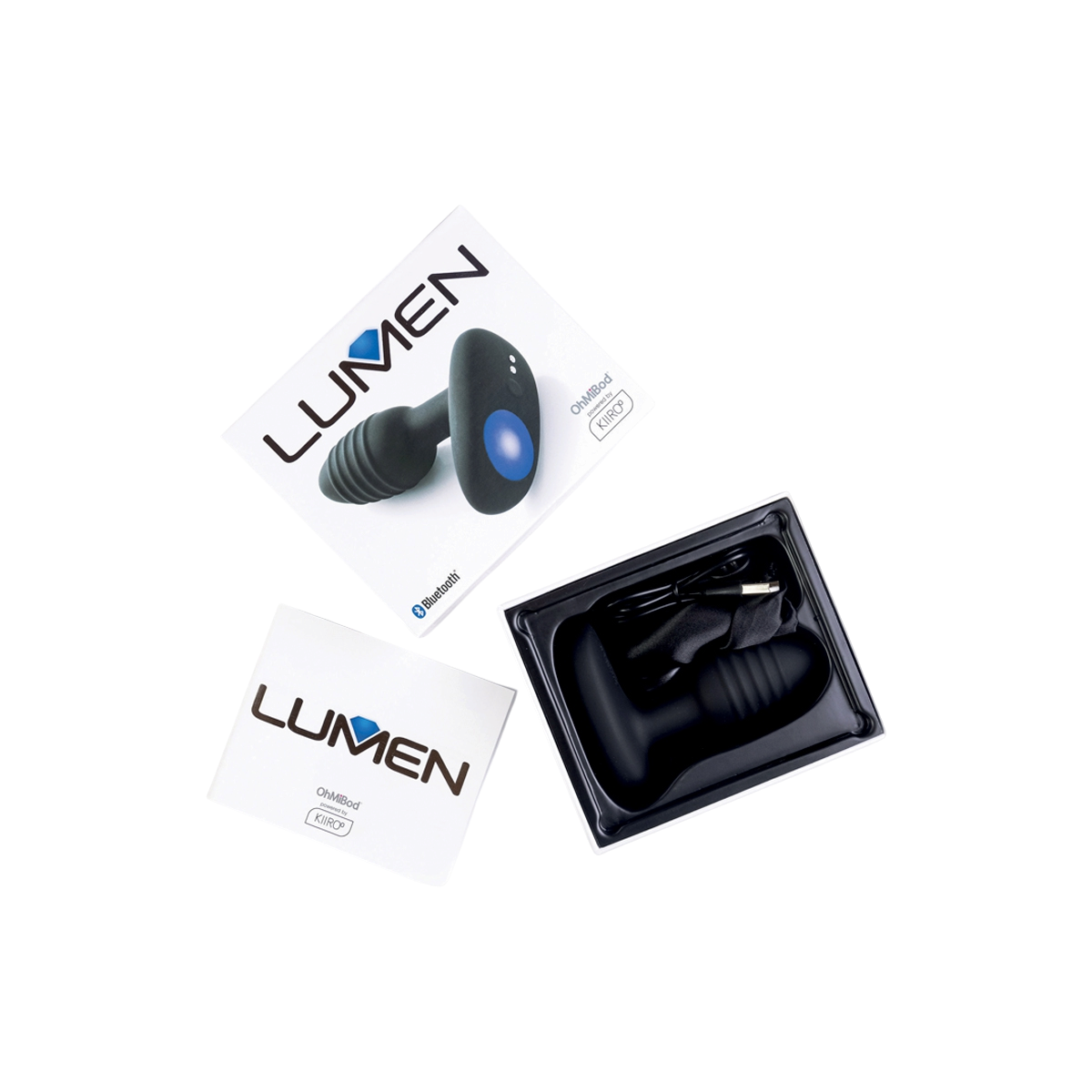 Coffret du plug anal connecte Lumen Kiiroo ouvert avec notice, cable USB et sextoy en silicone noir - Oh My God'Z
