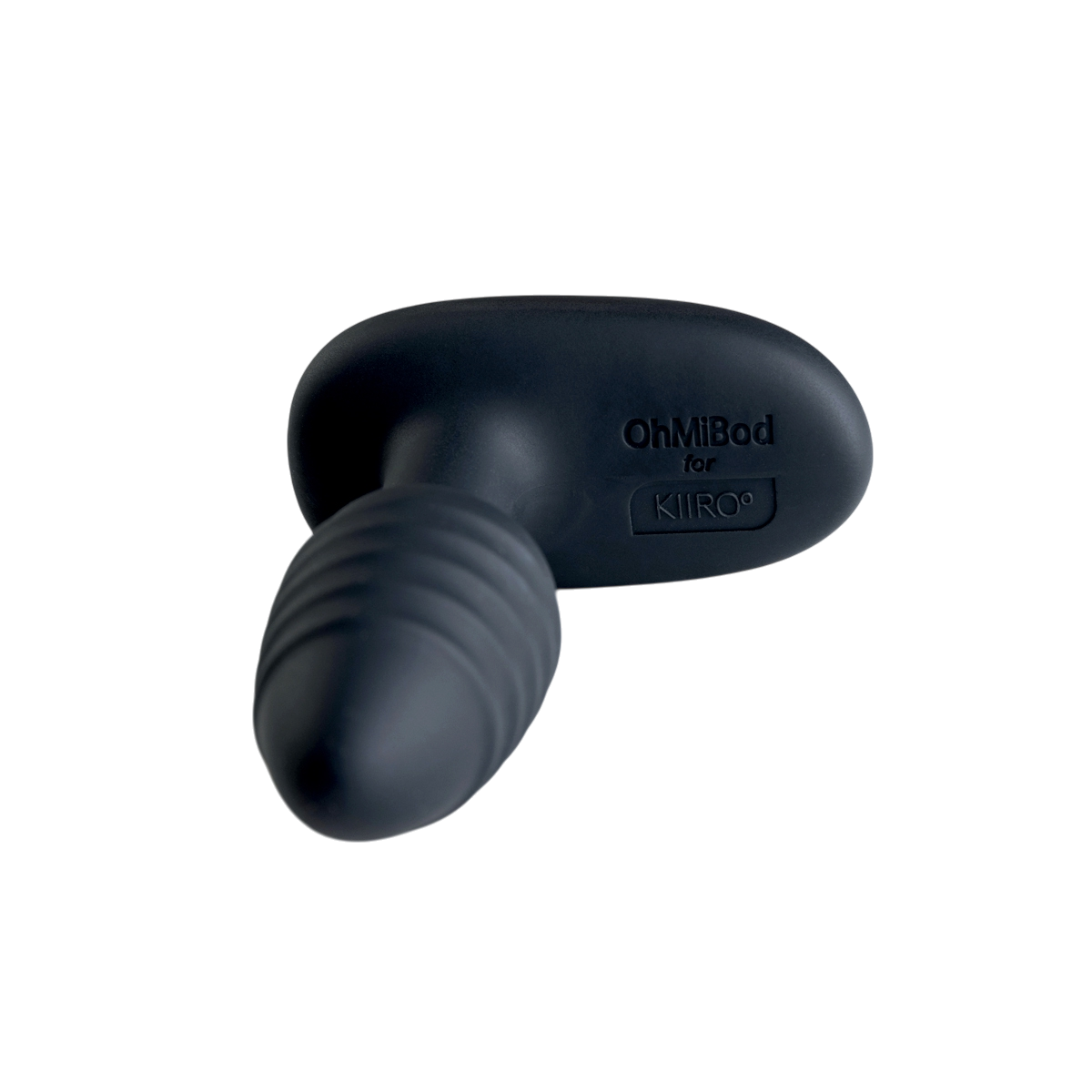 Plug anal connecte Lumen OhMiBod for Kiiroo en silicone noir mat strie, vue de la base arrondie - Oh My God'Z