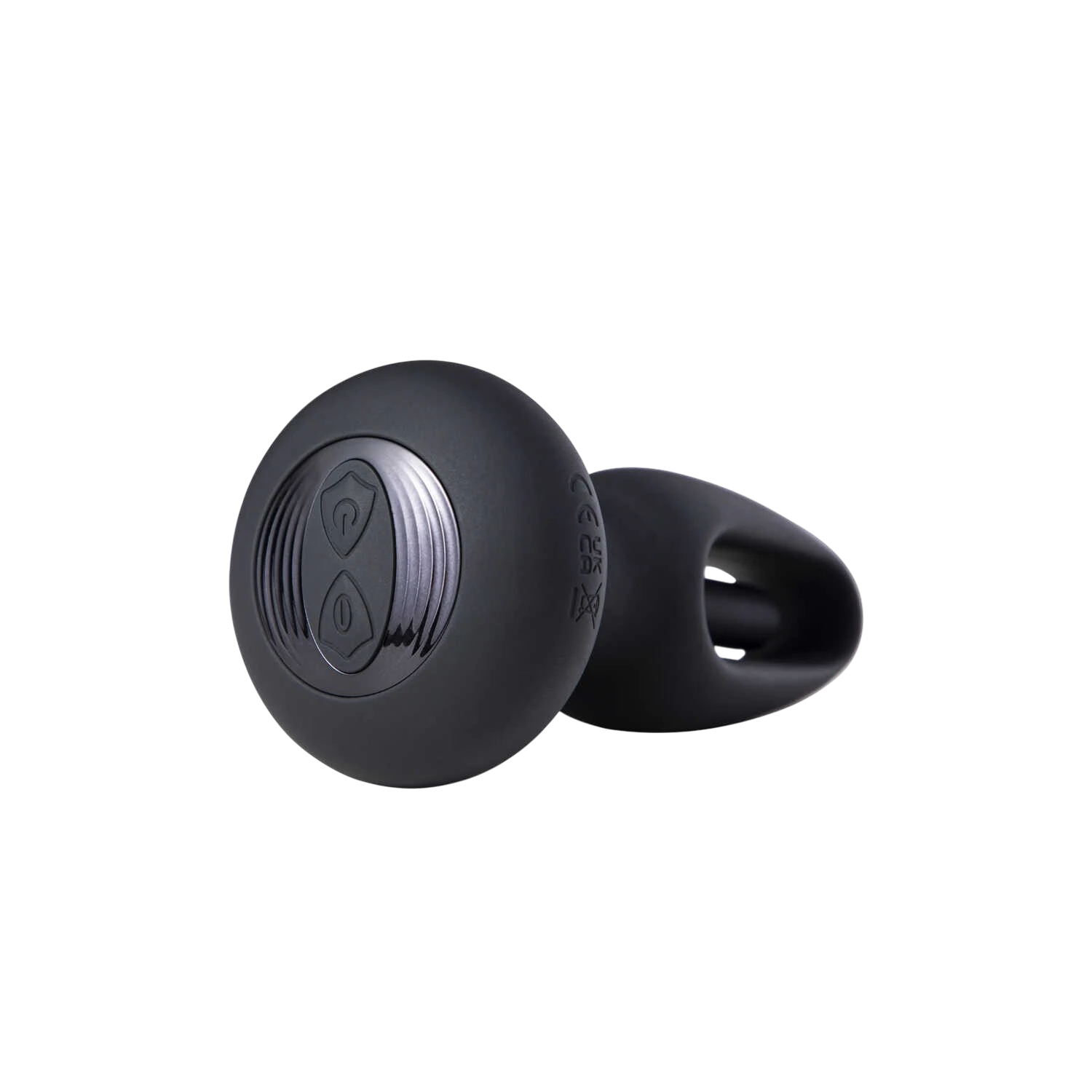 Plug anal Snuggy noir avec base évasée et boutons de contrôle intégrés vue arrière - Oh My God'Z