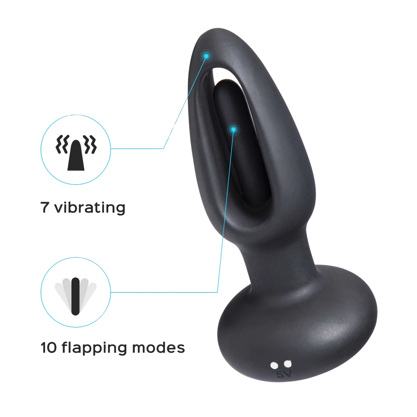 Infographie plug anal Snuggy: 7 modes de vibration et 10 modes flapping en silicone noir - Oh My God'Z