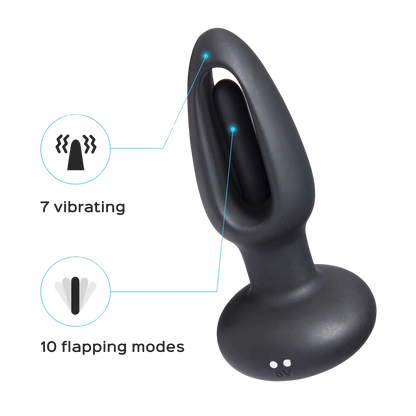 Infographie plug anal Snuggy: 7 modes de vibration et 10 modes flapping en silicone noir - Oh My God'Z